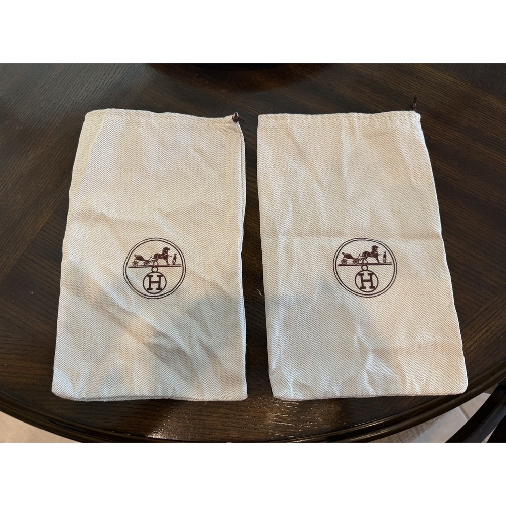 Hermes Dust Bag Set of 2 Beige Herringbone Canvas Drawstring Pouch Handbag Cover